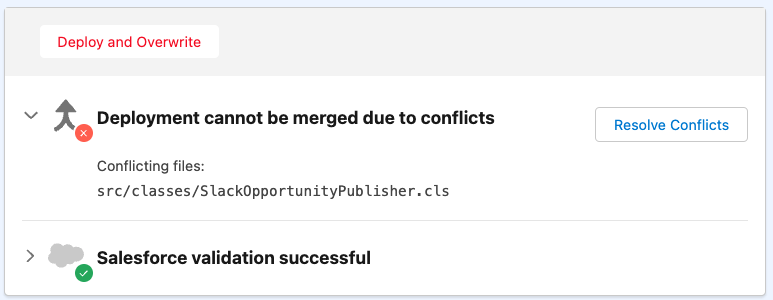 Blue Canvas invites developer to resolve the merge conflicts found in the Salesforce deployment