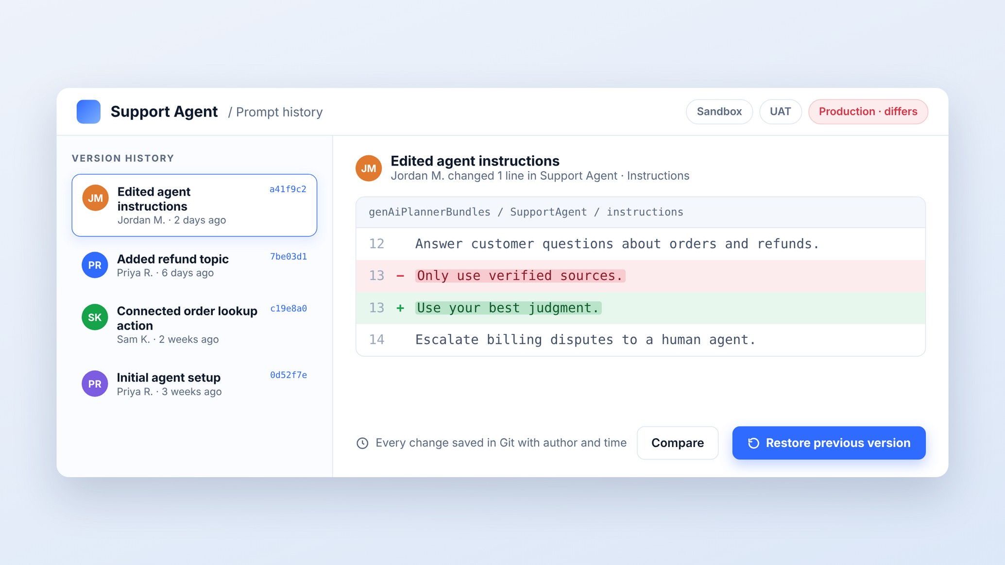 Support Agent prompt history showing the author, time and exact instruction changes, with a restore previous version option.