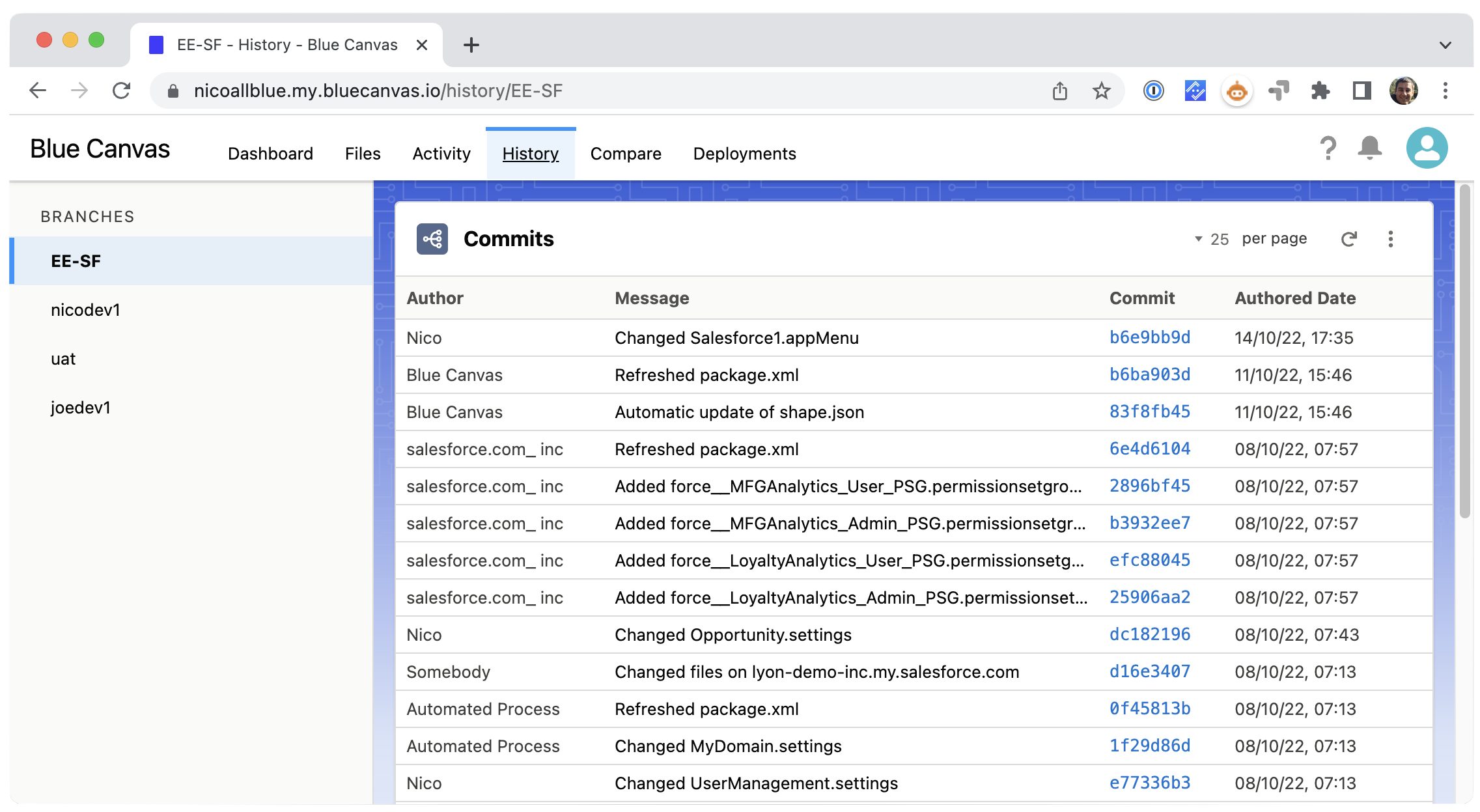 Salesforce change history with git