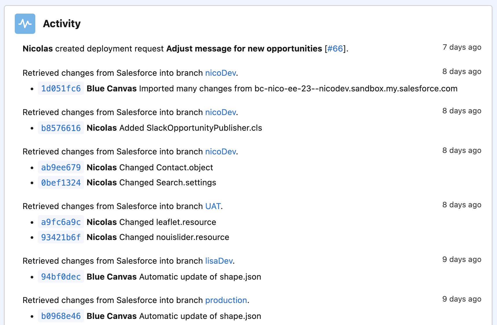Salesforce Metadata backup history, viewed in Blue Canvas activity feed