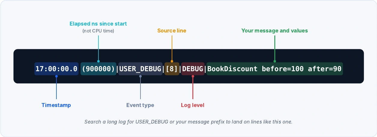 A USER_DEBUG line labeled with timestamp, elapsed nanoseconds, event type, source line, log level, and message