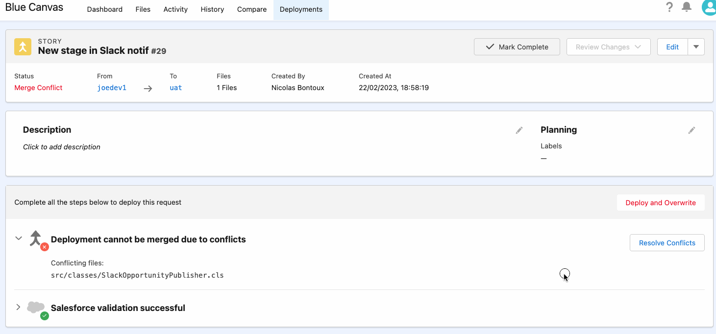 Blue Canvas guides the developer in solving the Salesforce merge conflicts by offering a 3-way git-like merge panel